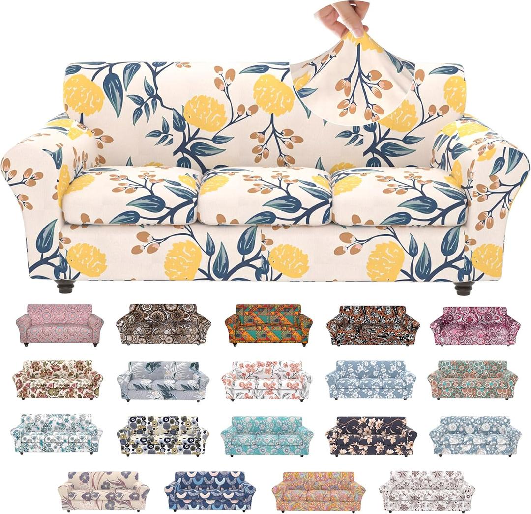 Stretch Couch Covers for 3 Separate Cushion Couch Sofa,Floral Printed Couch Sofa Cover,Washable Sofa Slipcover,Pet Friendly Furniture Protector with Elastic Bottom,Universal Fit for Home(Sofa,Cover) (Orange Color+leaves)