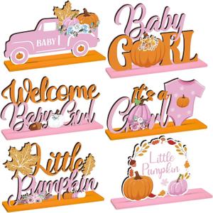6 Pcs Thanksgiving Little Pumpkin Party Decorations Baby Shower Pumpkin Wooden Centerpieces Pink Girl Maple Table Toppers a Little Baby Table Decor for Girls Party