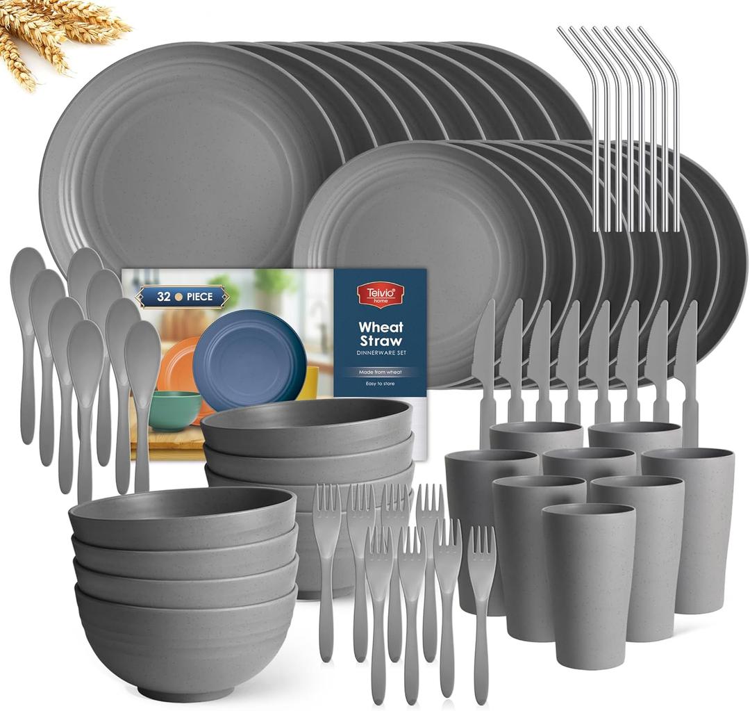 Teivio 32-Piece With Flatware Kitchen Plastic Wheat Straw Dinnerware Sets, Service for 8, Dinner Plates, Dessert Plate, Cereal Bowls, Cups, Unbreakable Plastic Outdoor Camping Dishes, Grey (Deep Gray)