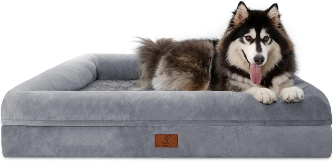 XL Orthopedic Dog Bed for Large Dogs, Big Waterproof Dog Bed with Removable Washable Cover, 4-Sides Removable Bolster Pet Couch Sofa with Non-Slip Bottom, Grey