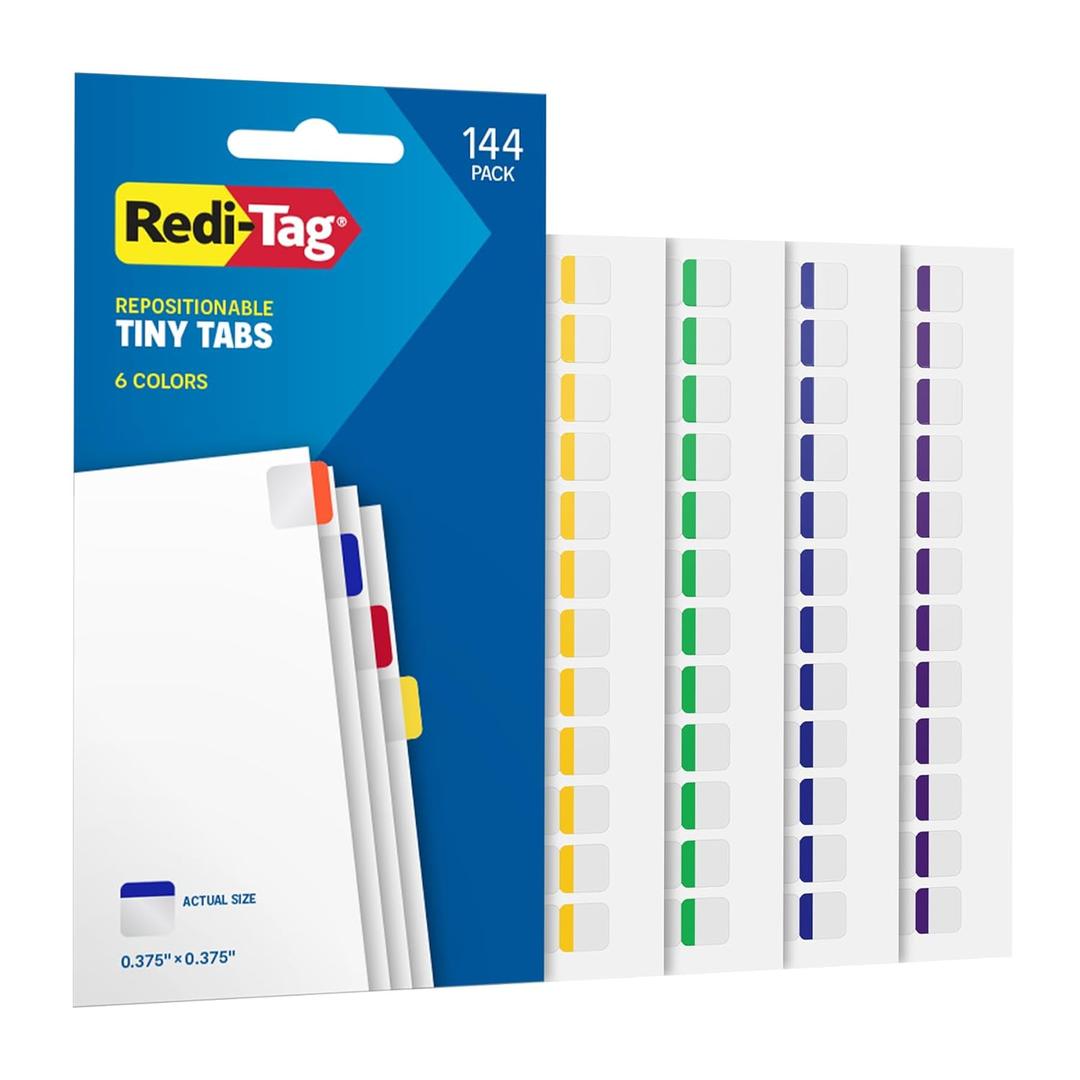 Redi-Tag Tiny Tabs, 144 Pack, Durable Page Markers for Organizing, Mini Flags for Highlighting Notes, Books and Documents, Permanent Adhesive, 6 Rainbow Colors, 0.375 x 0.375 inches (1016713)
