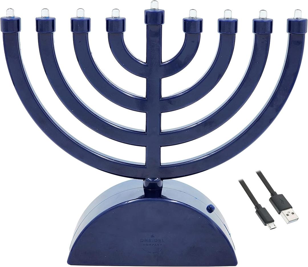 Blue Mini Electric Classic Menorah, Classic Hanukkah Menorah, 7.3" Inch LED Travel Menora, Batteries or USB Powered, Micro USB 4' Ft. Cable Included