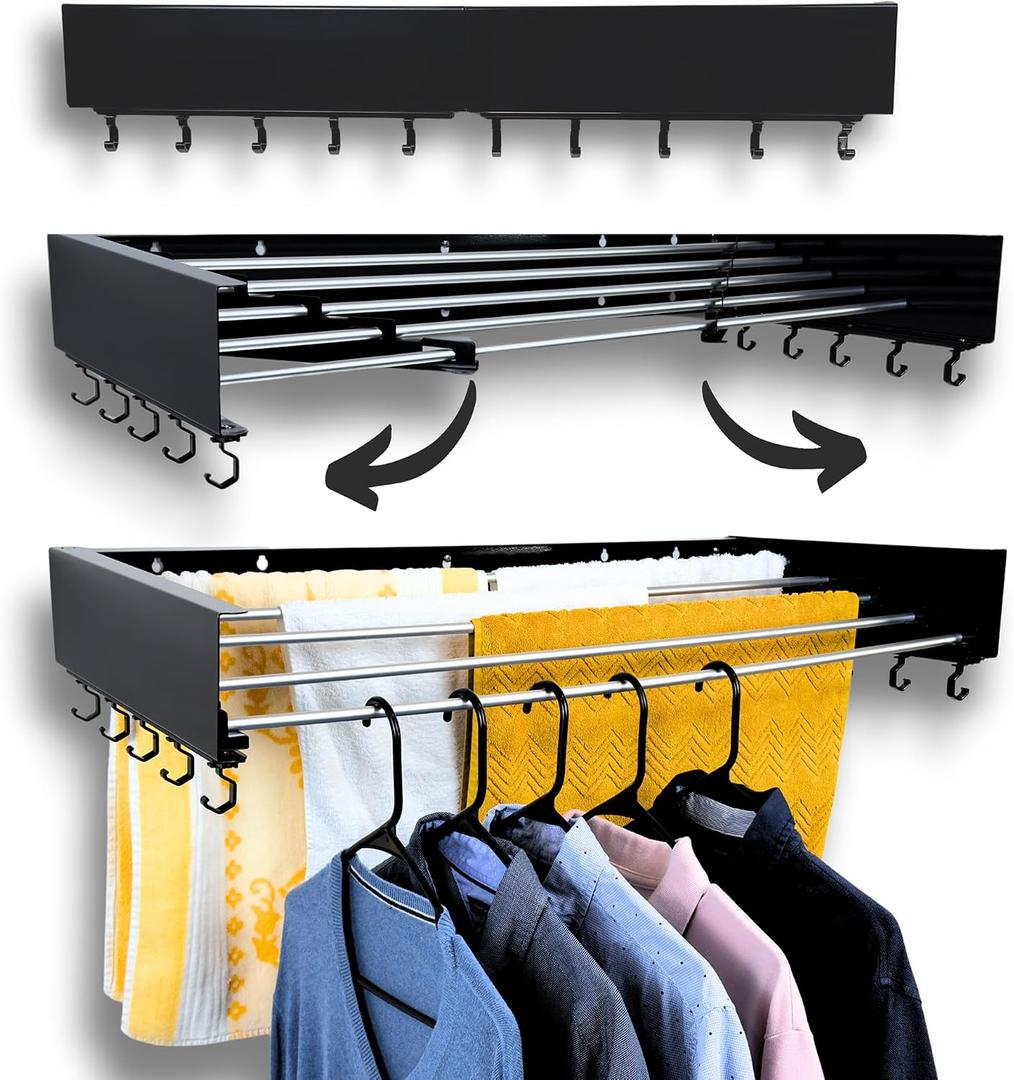 Foldable Wall Mounted Drying Rack - 31.5 Wide, 13.2 Ft Drying Space, 5 Aluminum Rods, Supports Up to 60 lbs - Retractable & Foldable Space-Saving Wall Mounted Clothes Drying Rack (Black)