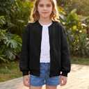 Girls Bomber Jackets Lightweight Zip Up Fashion Kids Cute Jacquard Coats Fall Varsity Outwear Clothes (Black, 13-14Y)