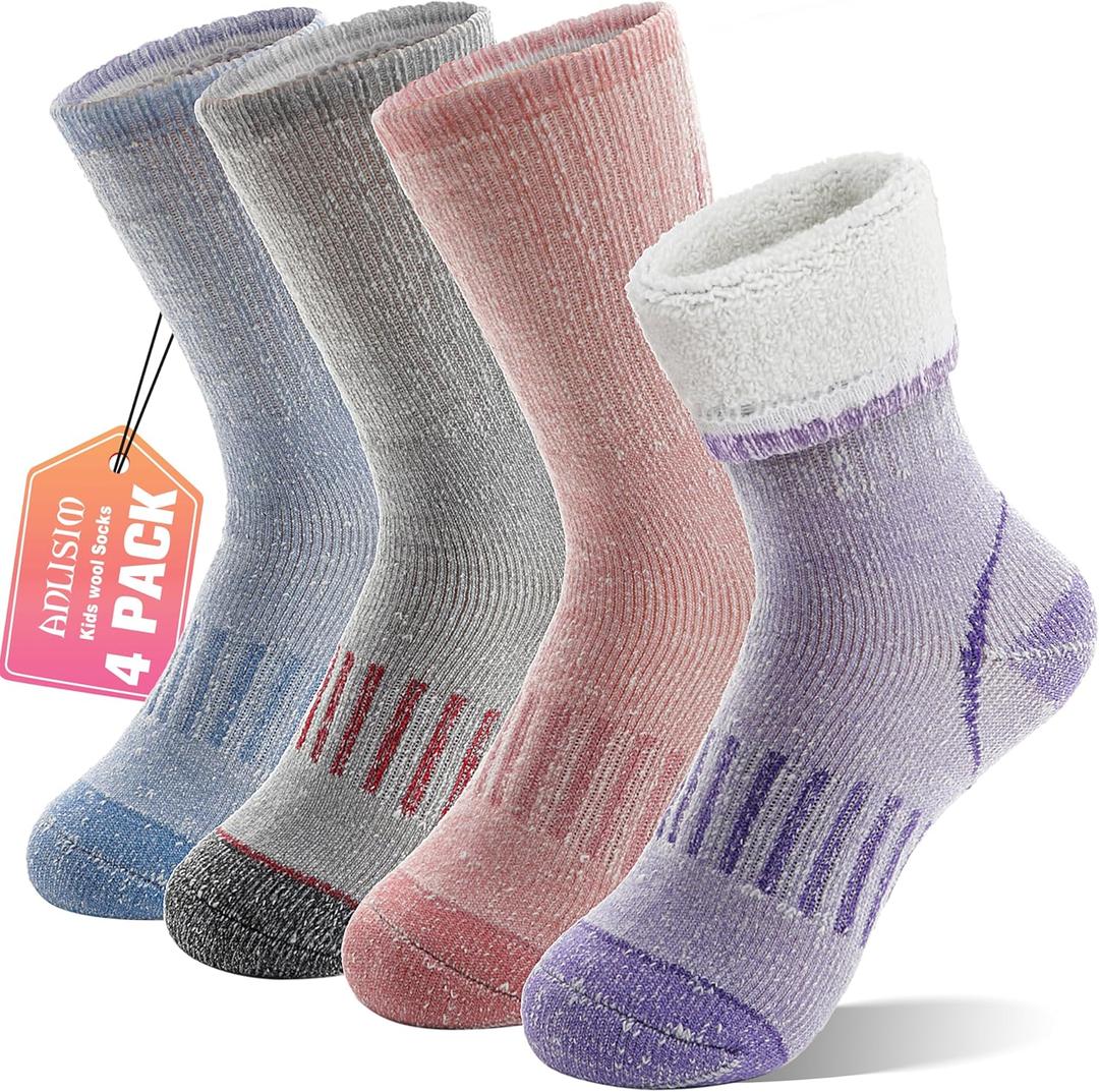 Anlisim Wool Socks, Thermal Winter Warm Thick Merino Wool Hiking Socks for Kids & Teens, 4 Pairs (XS)