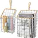 DoubleFill 2 Pcs Hanging Storage Baskets Iron Wire Handwoven Wall Baskets with Wicker Hook Rustic Wall Mounted Organizer for Organizing Mail Files Accessories Kitchen Bathroom Pantry Farmhouse Decor