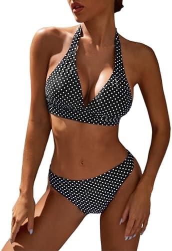 KOKITA Women's Mid Rise Bikini Suit Halter Neck V Tie Push Up Front Classic Polka Dot Two Swimsuit, Size L