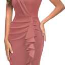 Miusol Women's Deep V-Neck Sleeveless Ruched Bodycon Ruffle Style Work Cocktail Pencil Dress (Pink, L)