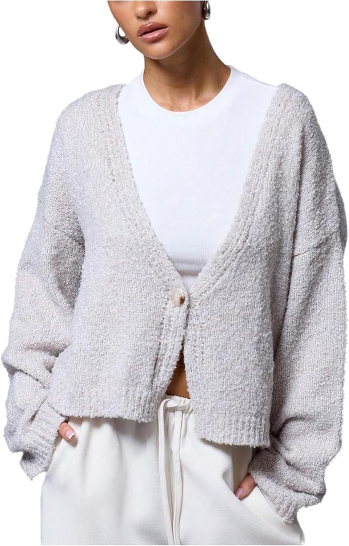 Milumia Women's Deep V Neck Fuzzy Cardigan Casual Drop Shoulder Long Sleeve Oversized Knitted Sweaters (Light Grey)