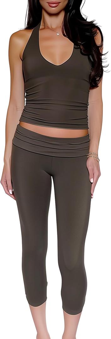 Capri Pants Set for Women – 2 Piece Pants Set, Halter Top, Foldover Waistband, Bodycon Fit, Premium Stretch, Small