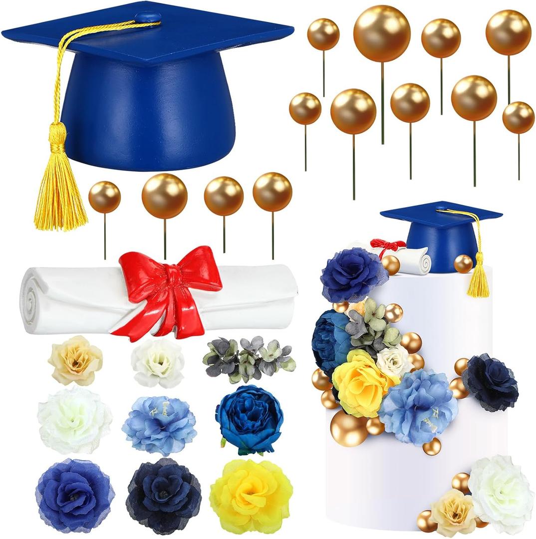 Wavwavw 50 Pcs Resin Graduation Cake Topper Class of 2026 Cap and Diploma Gold Balls Kit Congrats Grad Cake Decorations for Master Graduation Party Middle High School Supplies(Blue)