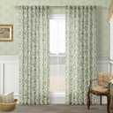 Green Floral Linen Curtains 84 Inch Length for Living Room Bedroom 2 Panels Semi Sheer Curtains Back Tab Olive Patterned Flower on Beige Farmhouse Boho French Country Window Drapes 84 Inches Long