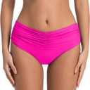 COCOPEAR Mid Rise Bathing Suit Bottoms for Women Ruched Tummy Control Swim Bottoms Full Coverage Bikini Bottoms for Women, Pink, M