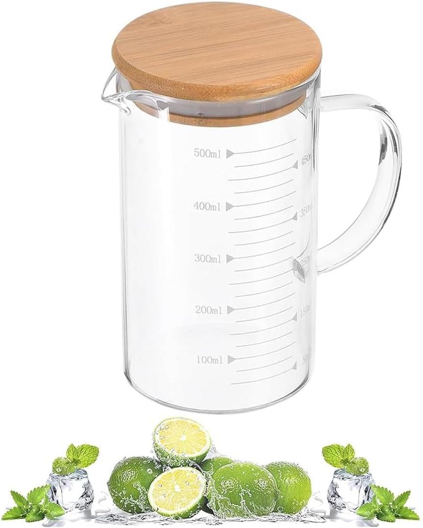 Glass Pitcher with Lid, 6"*3.14" Glass Water Pitcher, 17OZ/500ML Glass Pitchers with Handle and Lid for Tea, Milk, Coffee, Kitchen or Restaurant (1 PCS