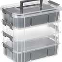 JUXYES 4-Tiers Stack Carry Storage Box With 2 Divided Tray, Transparent Stackable Storage Bin With Handle Lid Latching Storage Container for School & Office Supplies, Gray