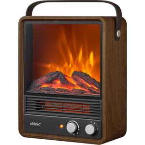 Shinic Electric Fireplace Heaters for Indoor Use,1500W Space Heater with Crackling Sound & 3D Realistic Flame, Safety Protection, Mini Portable Fireplace Heater for Home Christmas Decoration, Walnut (11.8" x 5.9" 14.6")