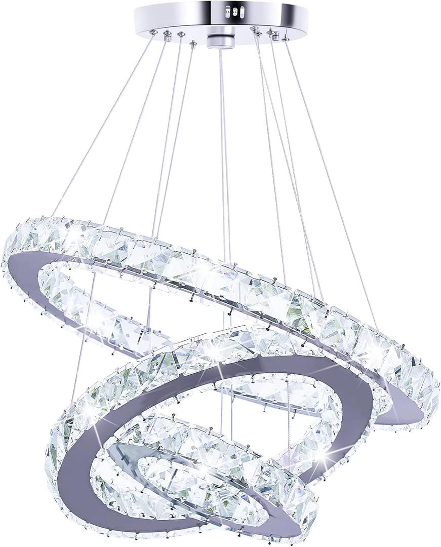 Crystal Chandeliers Modern LED 3 Ring Chandelier Adjustable Ceiling Light Fixtures Pendant Lighting Stainless Steel Hanging Lights for Living Room Dining Room Bathroom Bedroom, Cold White (Round)