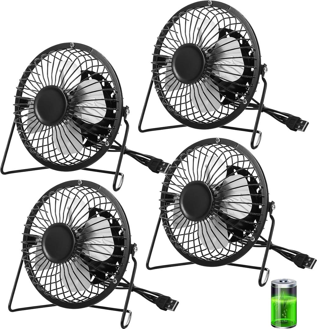 Glooglitter 4 Pcs 4" USB Small Fan Powerful Quiet 360 Adjustable Rotation Personal Metal Mini Desk Fan Summer Electric Ideal for Home Office Bedroom Desk Airflow Cooling,USB Powered Only(Black)