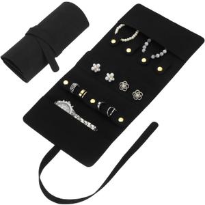 uxcell Travel Jewelry Bag Roll, Foldable Jewelry Travel Organizer with Tie Close Microfiber Jewelry Storage Roll Jewelry Case for Women Gift Necklaces Earrings Rings Bracelets, Black