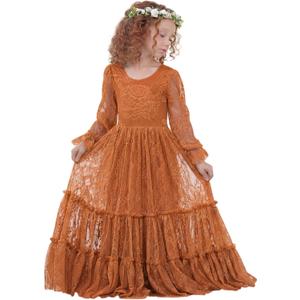 LalaMira Flower Girl Dress Lace Boho Toddler Dresses Ruffle Girl Dress for Wedding Garden Party Holiday Communion Long Sleeve (2T, Burnt Orange)
