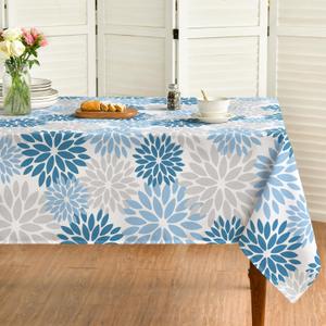 Horaldaily Blue Grey Dahlia Table Cloth 6084 Inch Rectangular, Modern Geometry Flower Decor Table Covers for Kitchen Dining, Washable Seasonal Tablecloth for Party Picnic Dinner Decor
