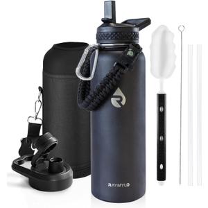Insulated Water Bottle 40 oz, Triple Wall Vacuum Stainless Steel (Cold for 48 Hrs), Leak Proof & Non-BPA, Modern Water Flask Jug with Paracord Handle & Straw Spout Lids, Magic Black