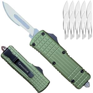 Automatic Utility Knife Push Button, EDC Pocket Boxcutters With Clip, Double Action Auto Retractable Scalpel, Small Safety Box Cutter, Replaceable Razor Blade Exact Knives for Craftsman (Green)