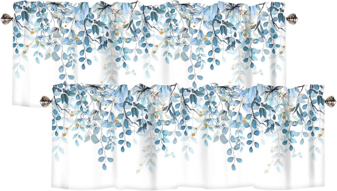 AYTTBIS Blue Eucalyptus Leaves Curtain Valance for Windows Watercolor Window Treatments 2 Panels Short Curtains for Kitchen Windows Bathroom Bedroom, 42 x 12 Inch
