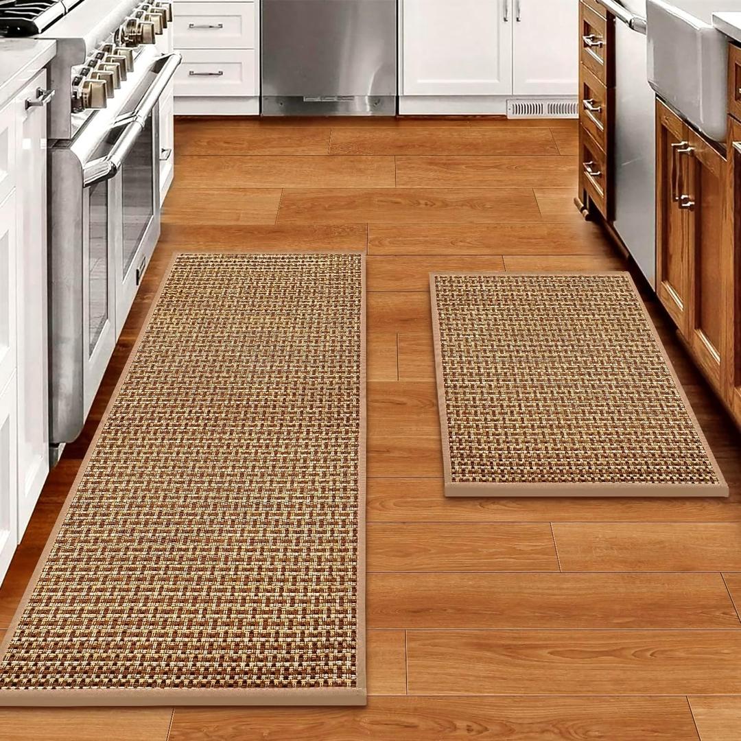 Kitchen Rugs and Mats Non Skid Washable Set of 2 PCS, Absorbent Runner Rugs for Kitchen, Farmhouse Weave Floor Mats in Front of Sink, 17.3"x 47"+17.3"x 29" (Brown)