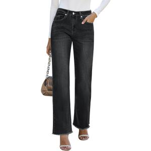GRAPENT Straight Leg Jeans for Women High Waisted Stretchy Frayed Raw Hem Loose Denim Pants Casual Baggy Jean Trousers (Medium, Washed Black)