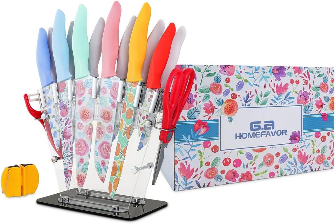 G.a HOMEFAVOR Knife Set for Kitchen, 16Pcs Stainless Steel Print Nonstick Coated Blade Kitchen Knives with Acrylic Stand, Multicolored