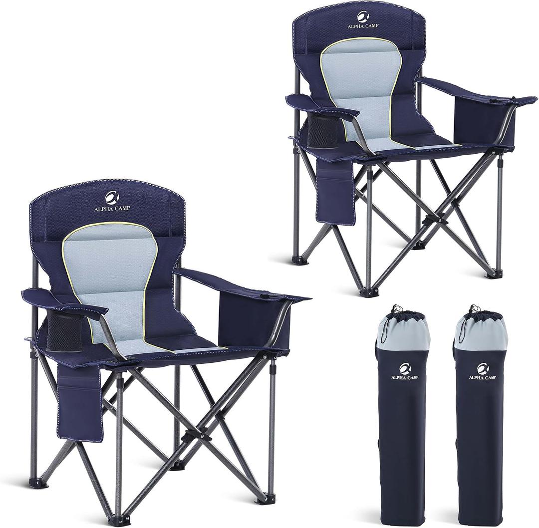 LET'S CAMP Oversized Folding Camping Chair Portable Outdoor Heavy Duty Padded Chairs Lawn Chair with Cup Holder, Storage Pocket and Cooler Bag, Supports 450LBS, for Camp, Travel, Picnic,2 Pack(Blue), Twin Pack