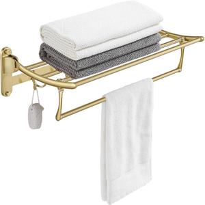 BESy 24 Inch Brushed Gold Towel Racks, Bathroom Towel Shelf with Foldable Towel Bar Holder and Towel Hooks, Wall Mounted Multifunctional Bathroom Accessories, Double Towel Bars