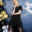 Ellazhu Women's Casual Short Sleeve Crew Neck Tutu Tulle Dress with an Oversized Fit GY2266 (Black) Large