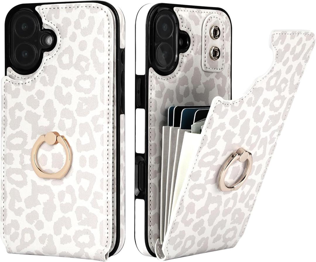 HAOPINSH for iPhone 16 Plus Wallet Case with Card Holder, 360Rotation Ring Kickstand, White Leopard Pattern, RFID Blocking Leather for Girls Women, Double Buttons Protective Cover 6.7"