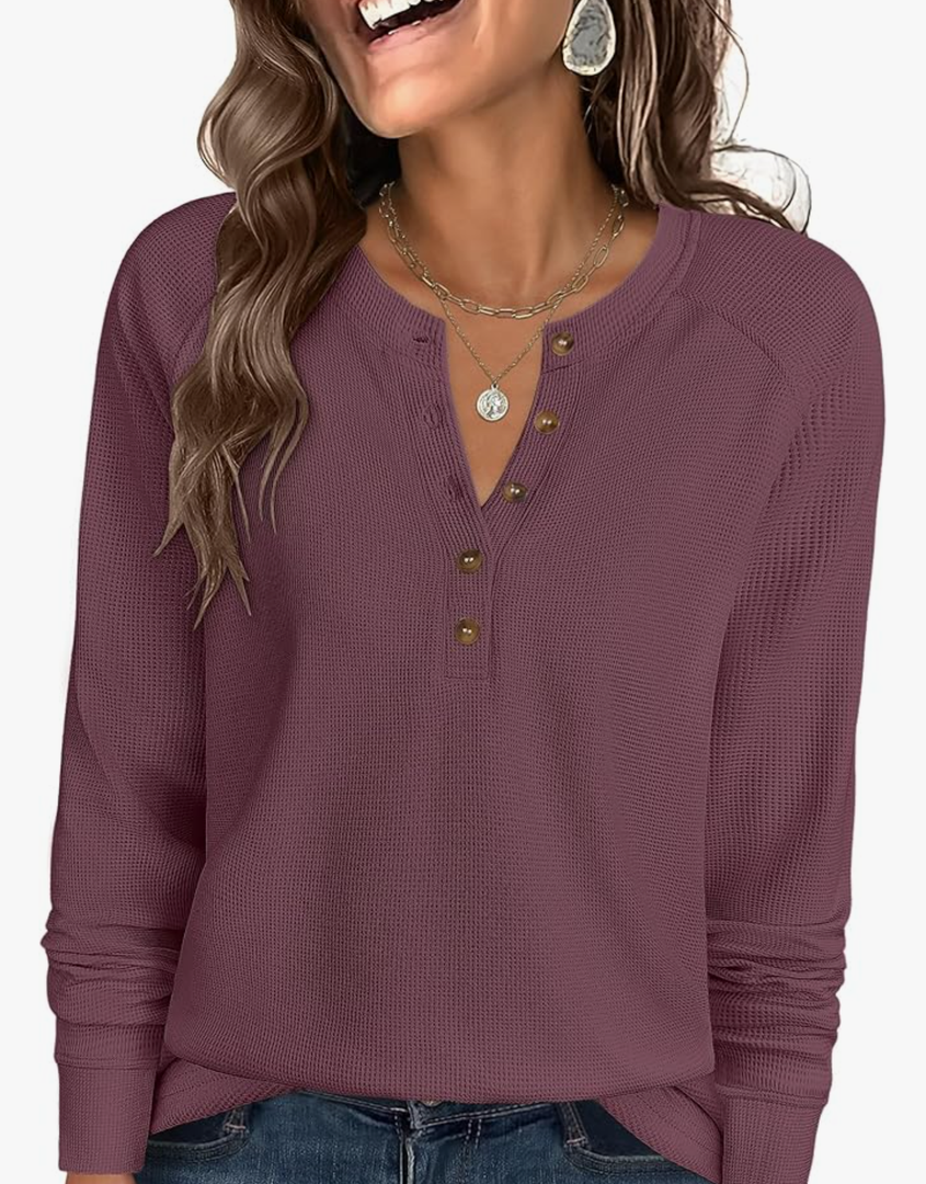 ANRABESS Women's Long Sleeve Waffle Knit Shirts Dressy Casual Loose Button Up V Neck Henley Tops 2025 Fall Basic Tee Blouse, Small