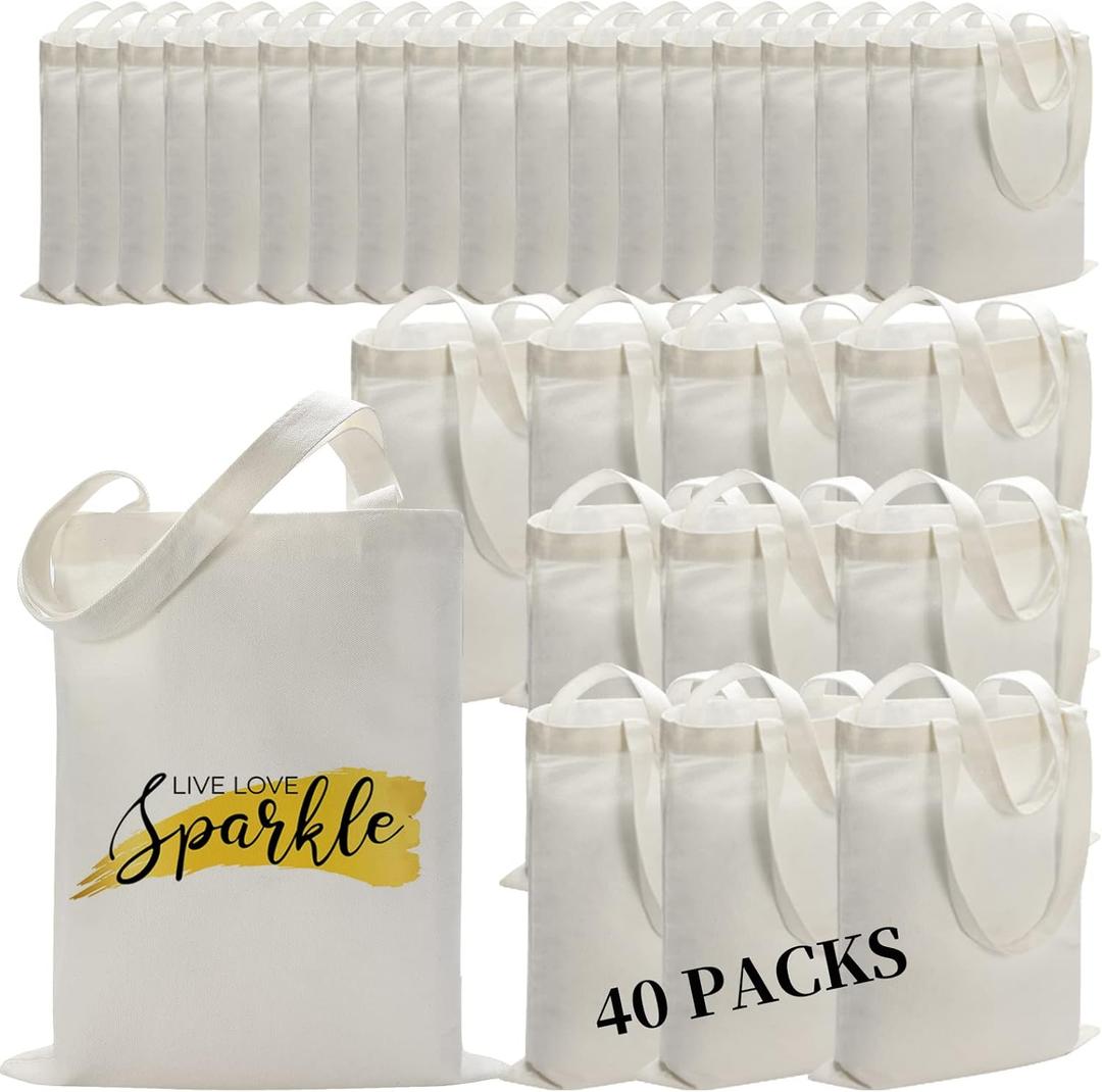 WHEATHUSK 40 Pieces Sublimation Canvas Tote Bags Bulk Blank Tote Bags Screen Printing Reusable Polyester Grocery Bags for Sublimation Heat Transfer Vinyl DIY Crafting White, 14x16 Inch