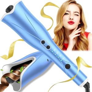 Auto Hair Curler, Automatic Curling Iron Wand with 4 Temperatures & 3 Timers, Curling Iron with 1" Large Rotating Barrel, Dual Voltage Auto Shut-Off Spin Iron for Hair Styling (Blue)