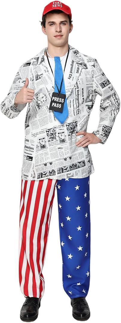 EraSpooky Mens Fake News Anchor Costume, News Reporter Journalist Outfits, Adult Patriotic Suit with Hat, Tie and Press Pass (XL)