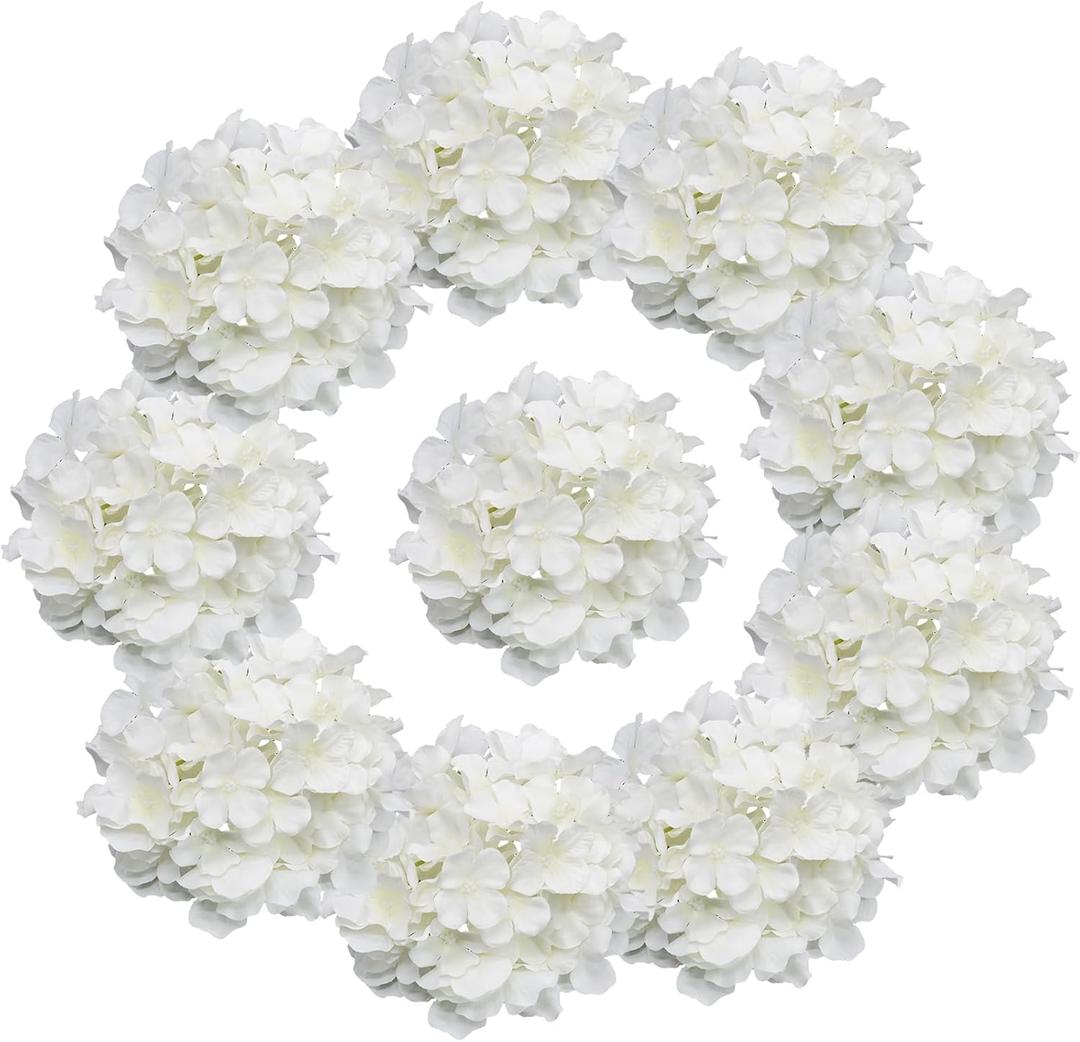 10 pcs Hydrangea Artificial Flowers, Silk Artificial Hydrangea Head with Stem Hydrangea for Bridal Wedding Baby Shower Home Party Decoration (White)