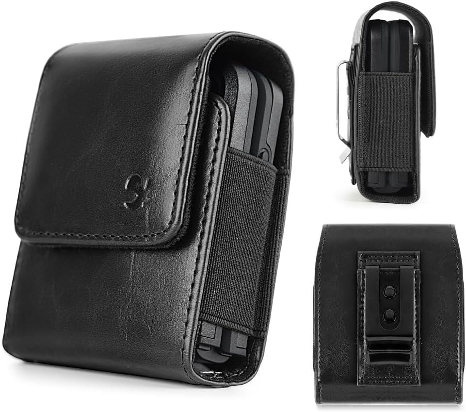Case for Moto Razr 2025 / Razr Ultra/Razr+ Plus 2024 / Razr 2024 2023 / Razr Plus/Galaxy Z Flip 7 6 5 5G Phone Case Leather Vertical Pouch [Belt Loop, Metal Clip, Magnetic Closure] - Black
