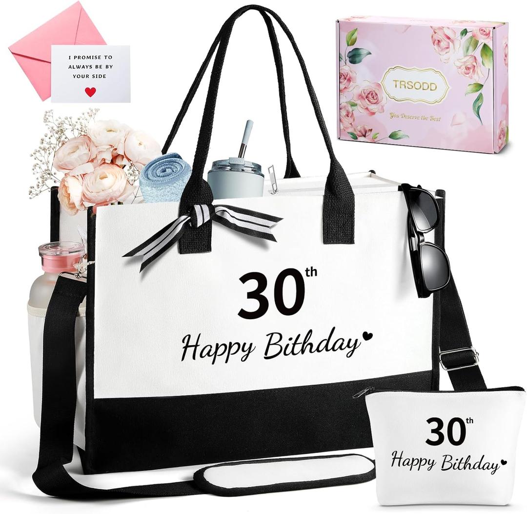 TRSODD Birthday Gifts for Women Initial Canvas Tote Bag with Adjustable Shoulder Strap and Makeup Bag Gifts for Mom Wife Grandma Daughter Sister (30th)