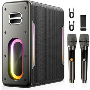 Karaoke Machine for Adults, Portable Bluetooth Karaoke Speaker with 2 Wireless Microphones, 2 Voice Mode & LED Party Lights, Home Party Birthday Gifts for Kids Family, Supports BT/TWS/AUX/USB/TF