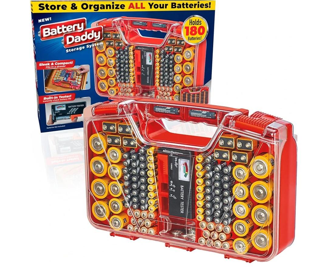 Ontel Battery Daddy Storage & Organizer Case w/Tester, Stores & Protects Up to 180 Batteries, Double-Sided, Clear Locking Lid, Secure Latches & Portable Carrying Handle - Red (Batteries Not Included)