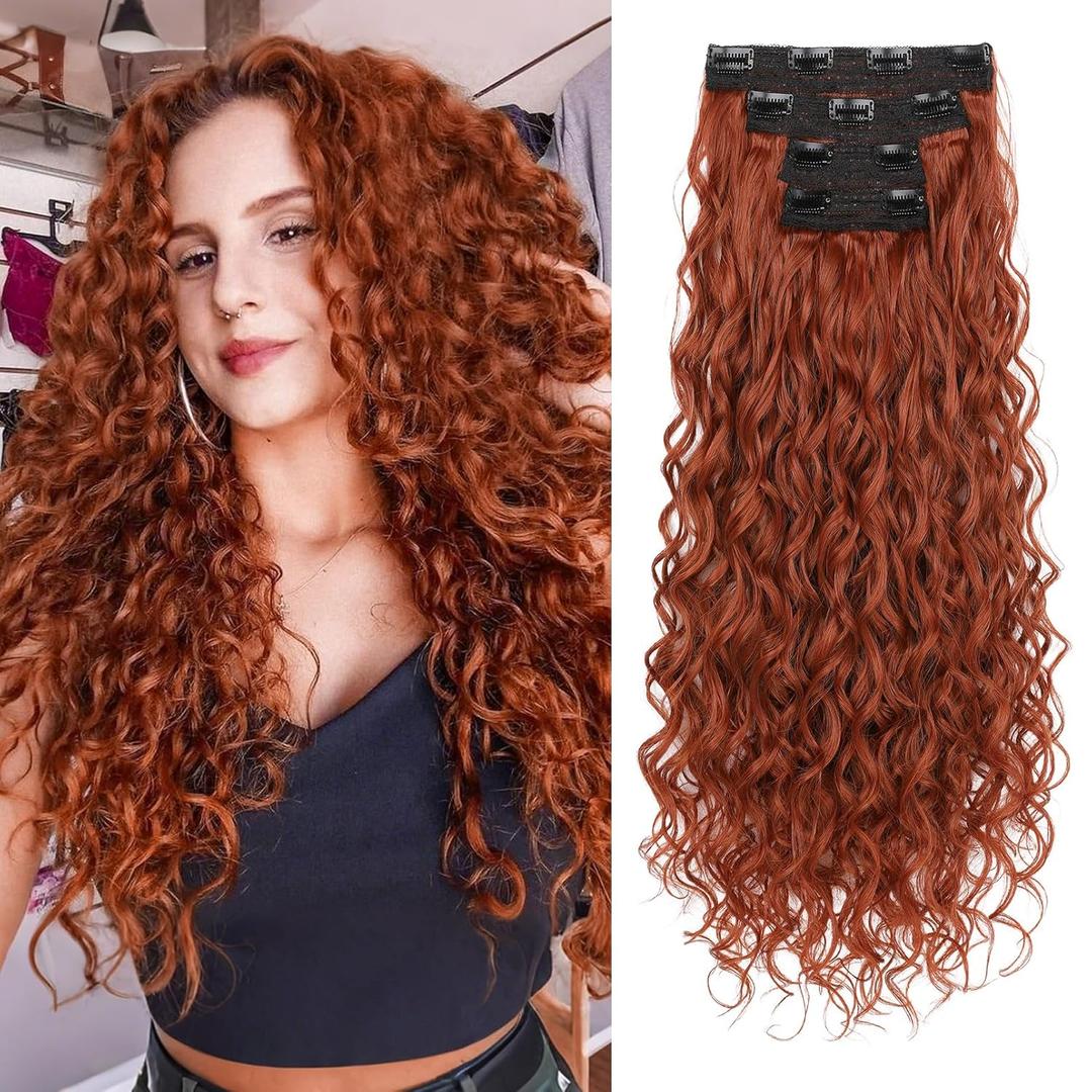 REECHO Curly Clip in Hair Extensions, 4PCS 24 inch Long Hair Extensions Clip ins Lace Weft Natural Hairpieces for Women Daily, Copper Red