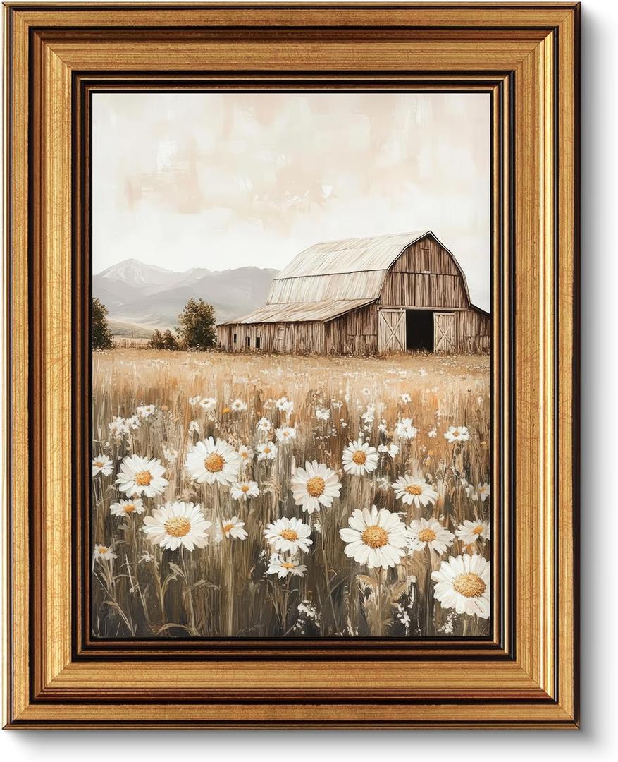 Dark Brown Framed Vintage Rural Daisy Canvas Wall Art White Daisies In Bottle Painting Picture Wall Decor Farmhouse Flowers Poster Print Artwork for Bedrooms Living Rooms Home Decoration 9x11in