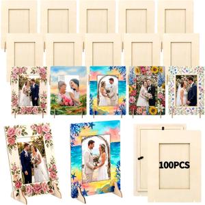 Geelin 100 Pack DIY Wooden Picture Frames for Crafts for 4 x 6 Inch Photos Unfinished Solid Wood Photo Picture Frames for Crafting DIY Painting Birthday Wedding Birthday (Rectangle)
