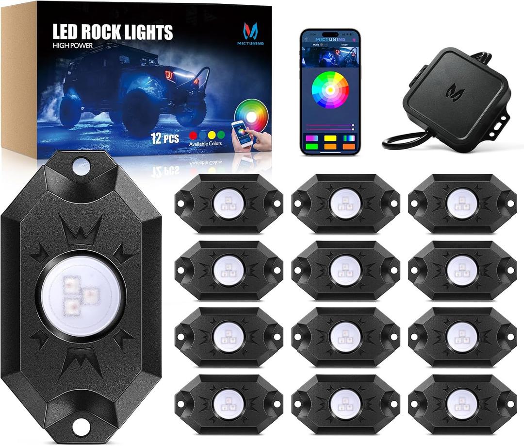 MICTUNING 2nd-Gen CM RGB Rock Lights - 12 Pods Waterproof Multicolor Neon Underglow Kit with Bluetooth App Control & Music Mode for Trucks Pickup UTV SUV ATV 