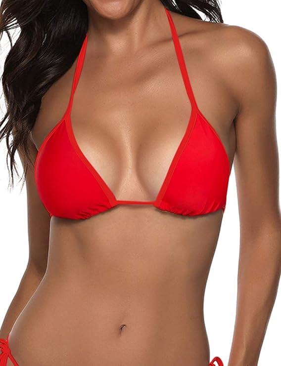 Suvimuga Women's Triangle Bikini Top Push up Padded Halter String Bathing Suits Top (L)