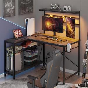Bestier 42 L Gaming Desk,Computer Desk with Power Outlets, LED Lights, Reversible Corner Desk with 4-Tier Shelves,Cup Holder & Hook Black Marble